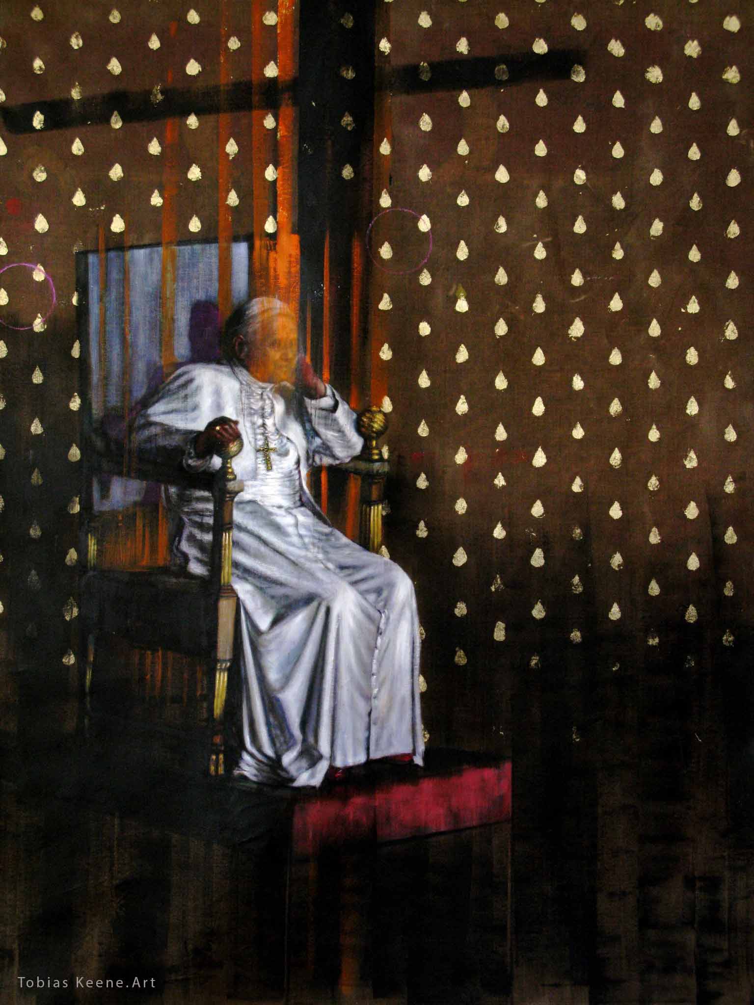 A portrait of a seated Joseph Ratzinger shortly before he resigned as Pope. An oil painting by British Fine Artist  Tobias Keene